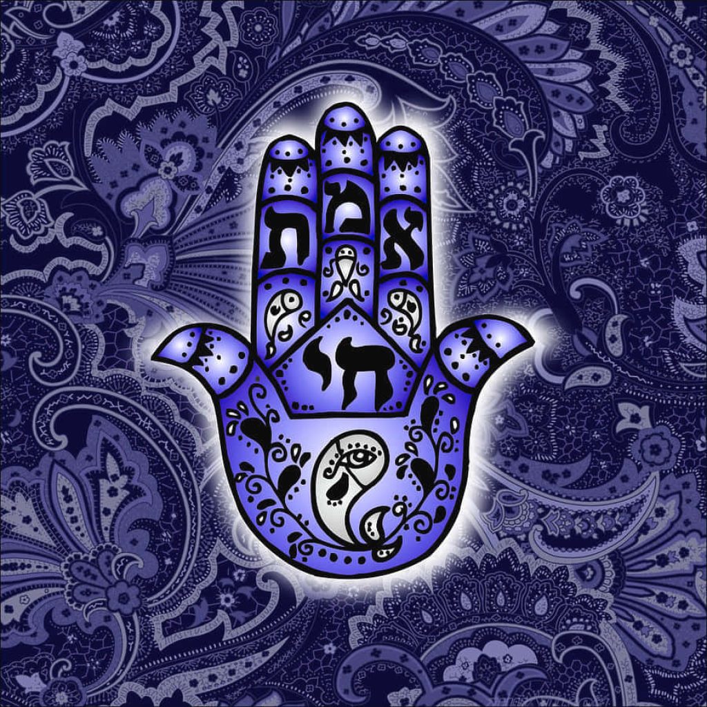 Glowing Hamsa hand with Hebrew calligraphy on violet paisley background spiritual wallpaper