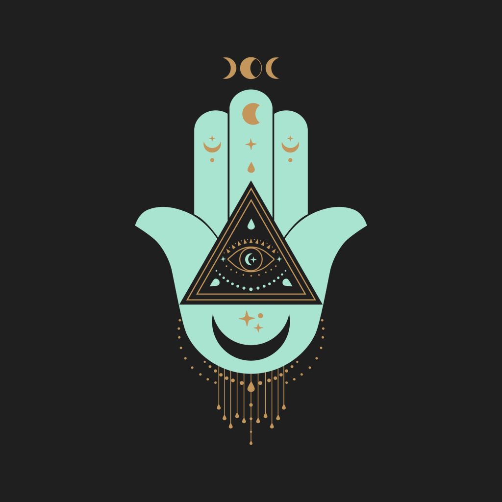 Mystical Hamsa hand wallpaper with mint green palm golden eye celestial moons stars black background