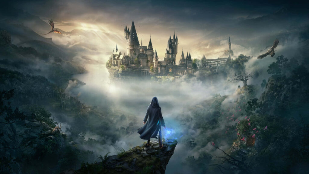 Mysterious figure on cliff gazes at misty Hogwarts castle with magical light and dragons flying Wallpaper