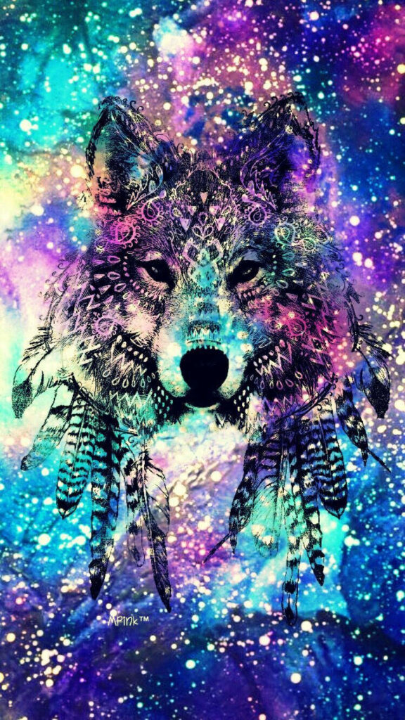 Starry Skies and Celestial Beings: Captivating Galaxy Wolf Adorned by Feather Mask in Cosmic Realm Wallpaper