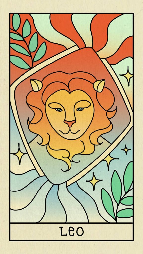 Mystical Leo tarot card wallpaper with stained-glass lion and geometric stars astrology background