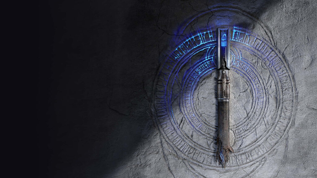 Glowing Blue Lightsaber Wallpaper with Ancient Runes Background