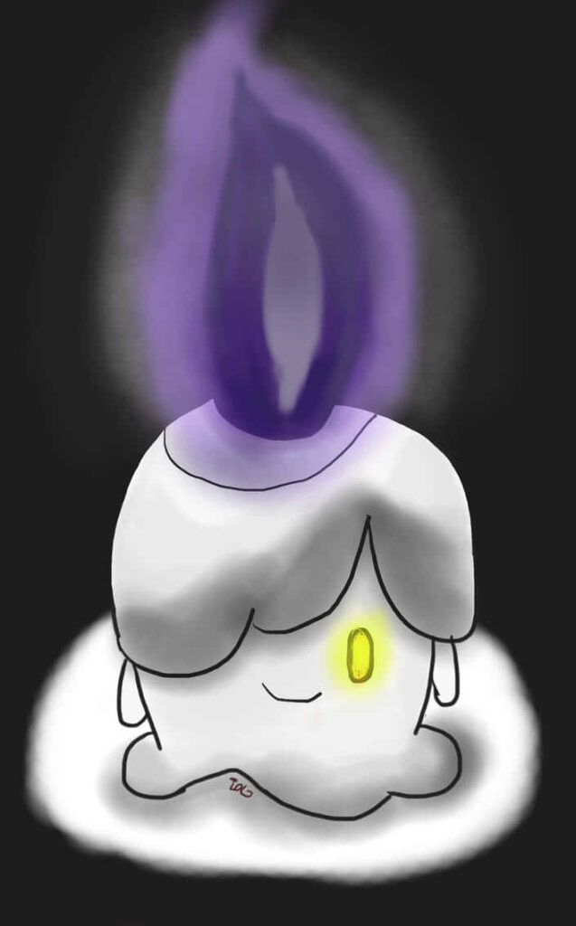 Dark Litwick Pokémon wallpaper with glowing purple flame and yellow eye on shadowy background