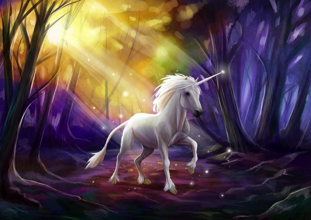Mystical Beauty: Enchanting Unicorn Illuminating the Forest in a Fantasy-inspired HD Wallpaper