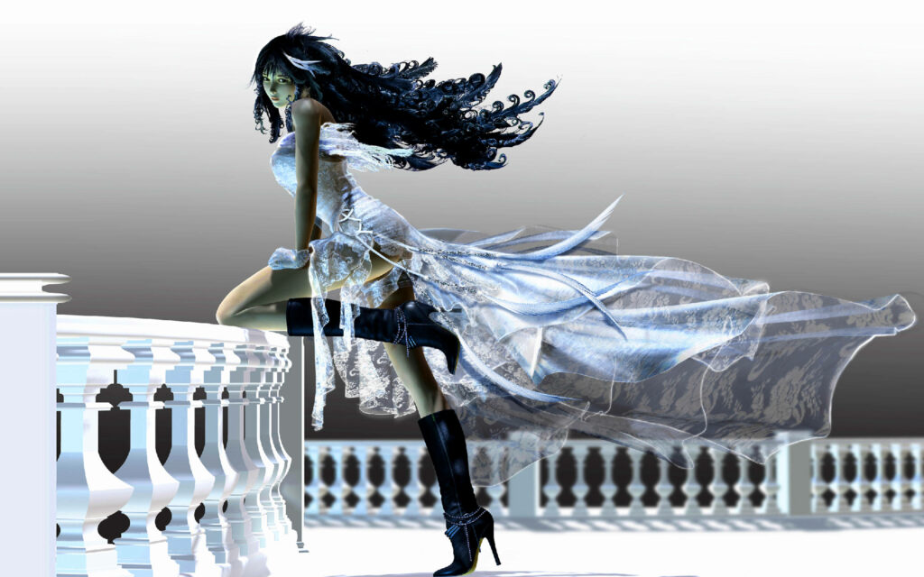 Mystical Garb: Rinoa Heartilly Dons a Luminous Attire, Enchanting Balcony Backdrop Wallpaper