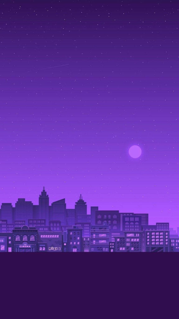 Violet Metropolis: An Ethereal Masterpiece Depicting a Lavender city adorned with a Purple Celestial Canvas and a Profusion of Stardust. Capturing the Mesmerizing Glow of a Shooting Comet. A Captivating Purple Aesthetic Phone Delight. Wallpaper