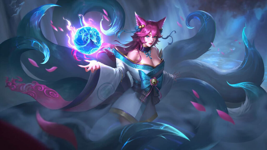 Posing with Ethereal Radiance: Ahri Harnesses Her Enchanting Abilities with a Mesmerizing Orb Wallpaper