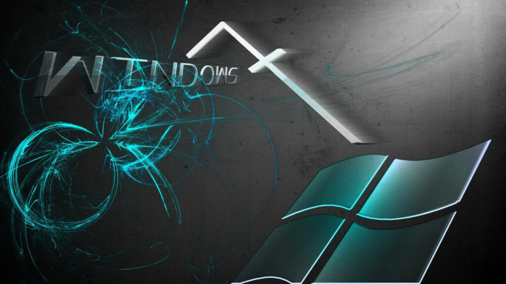 Enigmatic Elegance: Teal Logo, Abstract Swirls, and Metallic Windows 7 Text Wallpaper