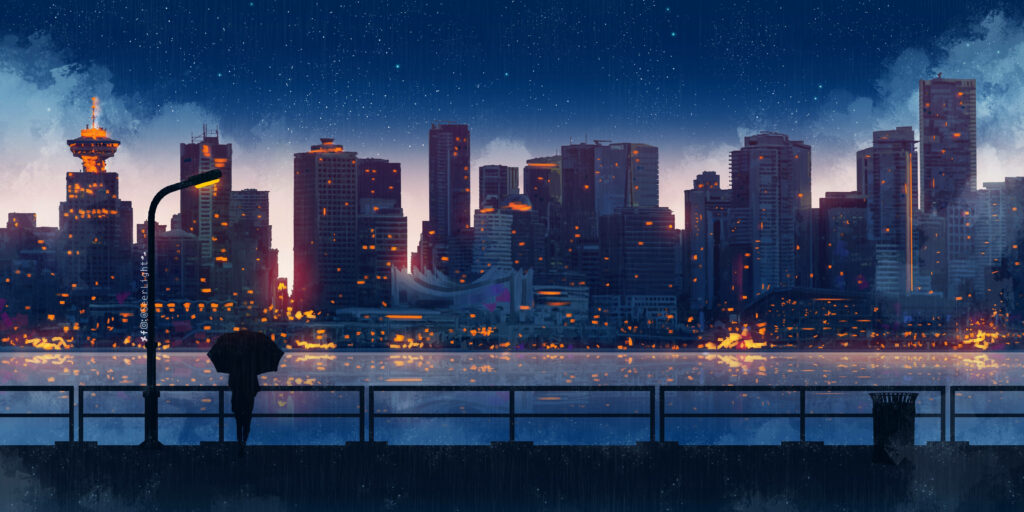 Nocturnal Metropolis: A Glimpse at a Starlit Urban Landscape with Enigmatic Figure Wallpaper