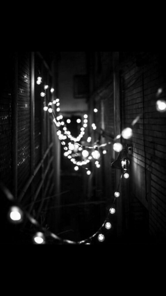 A mesmerizing monochrome scene of twinkling Christmas lights in a cozy urban alleyway. Wallpaper