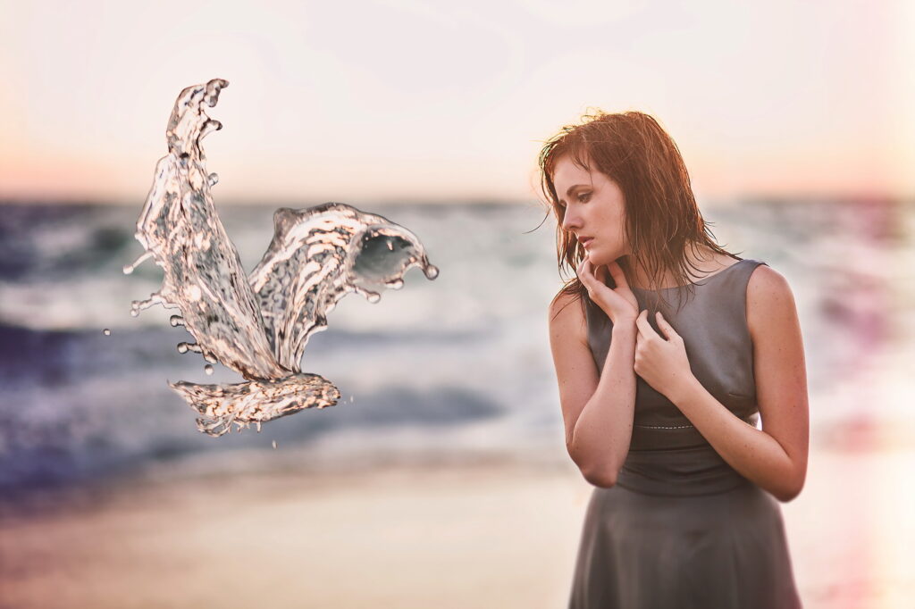 Enchanting Water Bird Mood: HD Wallpaper of a Manipulated Girl in a Blurred Dress on a Gorgeous Background