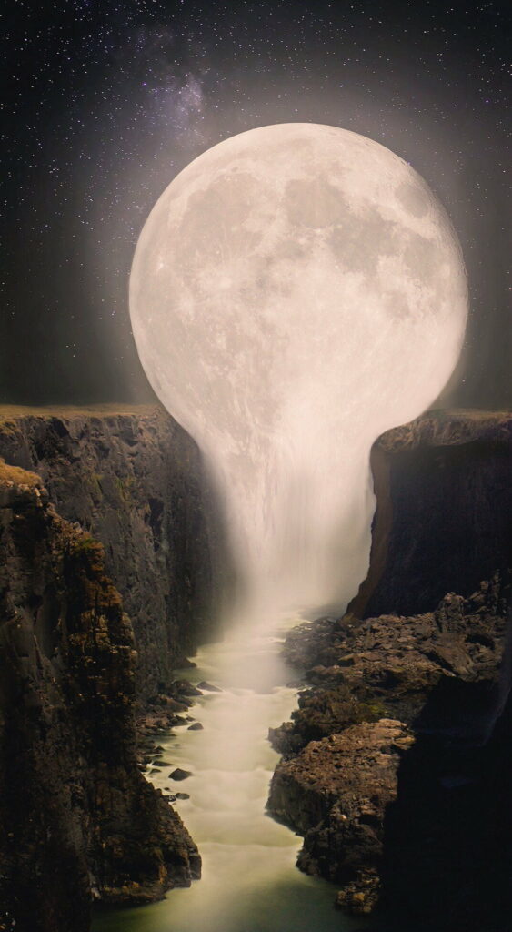 Mystical Cascade: Surreal Moonlit Waterfall Captured in HD, Perfect for Vertical Fantasy Art Phone Wallpaper