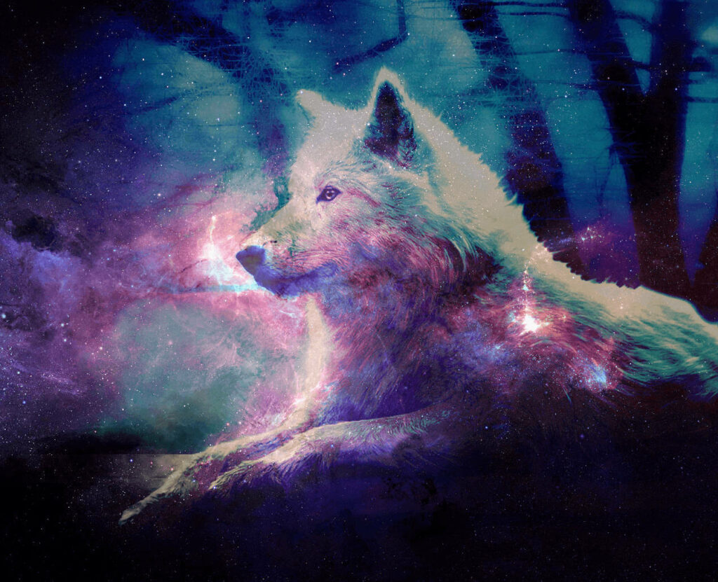 Majestic Lunar Guardian: Enchanting White Wolf Gracing a Violet Nebula Night Wallpaper