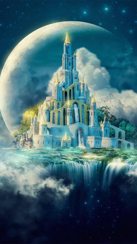 Majestic moonlit castle on floating island with waterfall lush greenery and giant moon night sky Wallpaper