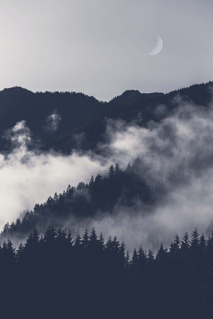 Mystical Mountainscape: A Grungy Black and White Phone Background of Foggy Ranges Under the Luminous Moon Wallpaper