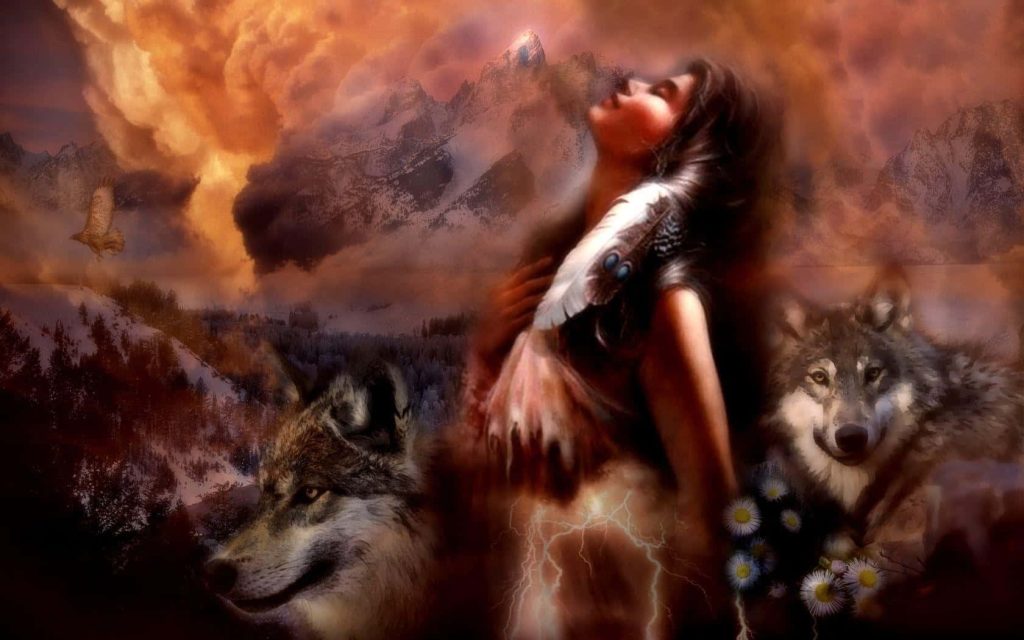 Native American woman with two wolves at sunset snowy mountains fantasy wallpaper background
