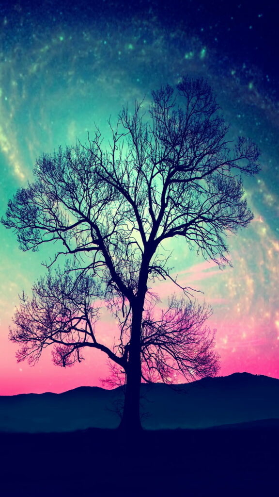 Enigmatic Nature: Eerie Abstract Nightscapes Amidst Majestic Trees in HD Phone Wallpaper