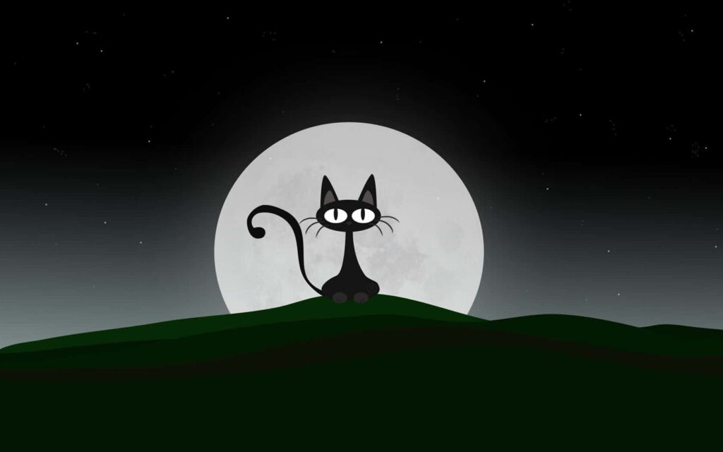 Midnight Serenity: Enchanting Black Cartoon Cat amidst Majestic Moonlit Landscape Wallpaper