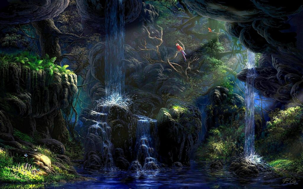 Digital art of cascading waterfalls mossy rocks lush greenery vibrant parrot moonlit night wallpaper background