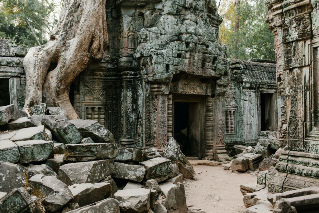 Overgrown Angkor Wat ruins with moss-covered stones massive tree roots and ancient carvings Wallpaper