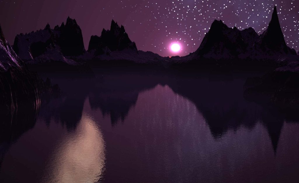 Purple mountain landscape reflecting in calm lake under starry night with glowing moon wallpaper