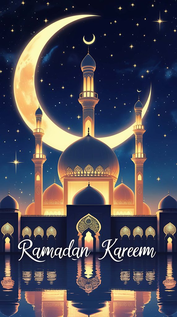 Ramadan Kareem wallpaper with glowing mosque and golden crescent moon on calm water reflection