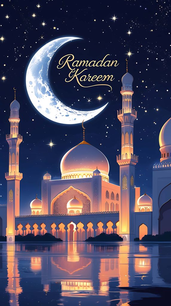 Ramadan Kareem smartphone wallpaper with illuminated mosque moonlit starry night reflection water