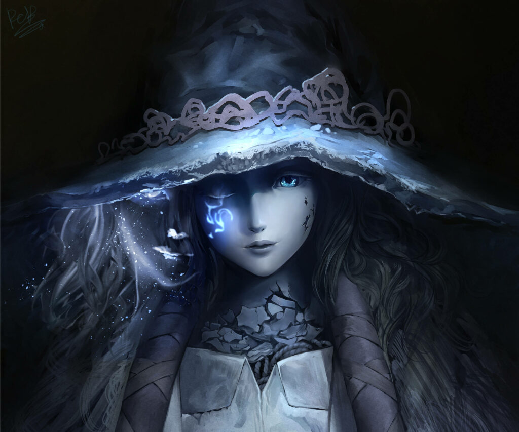 Mystical Ranni Elden Ring portrait glowing blue eyes witch hat magical ethereal wallpaper background