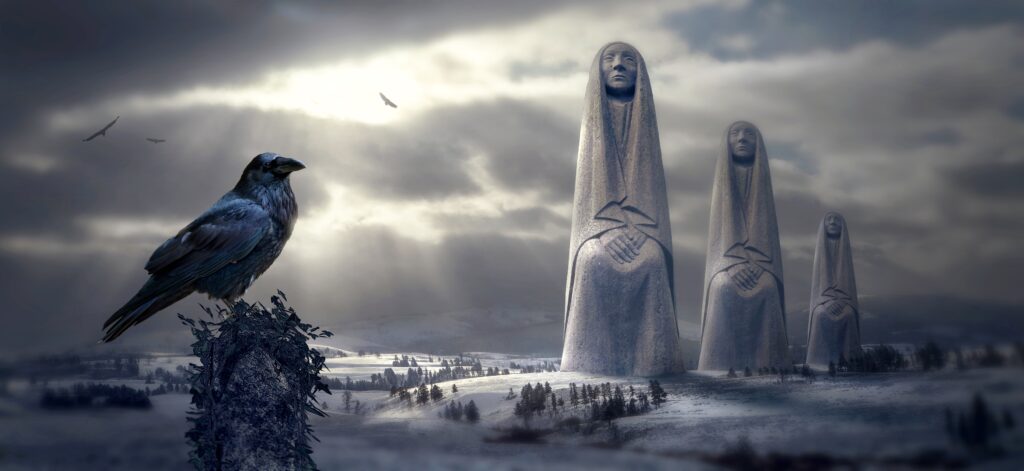 Mystical Raven Wallpaper: Surreal Snowy Landscape & Cloaked Figures