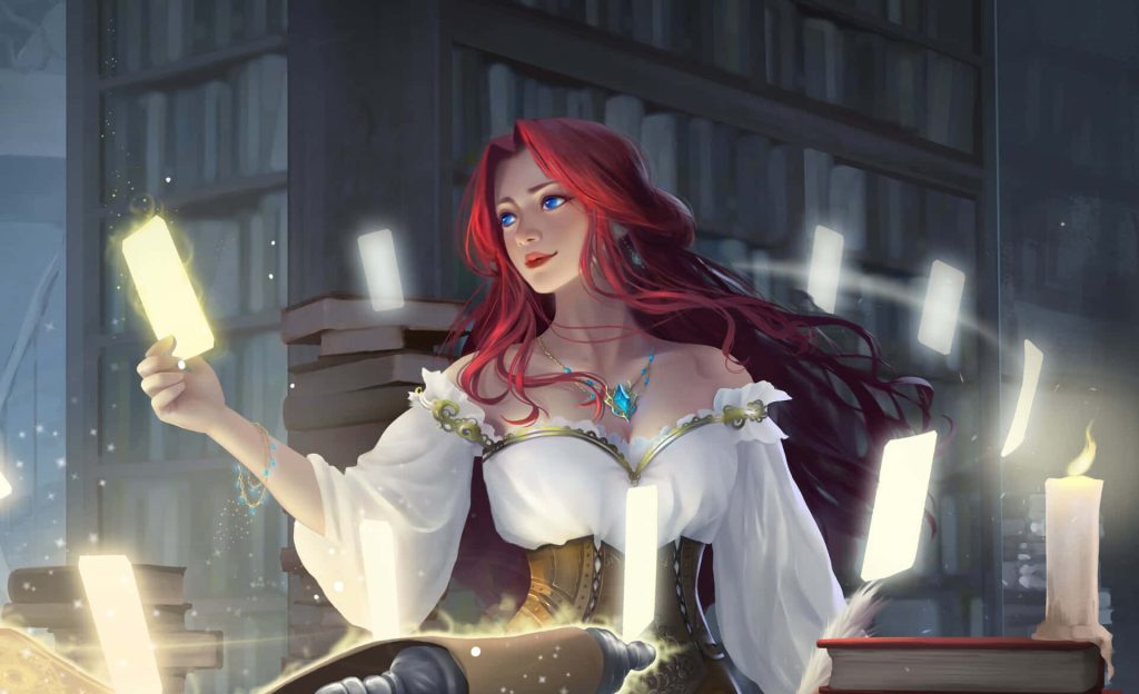 Red-haired woman conjures magic with glowing tarot cards in ancient fantasy library wallpaper