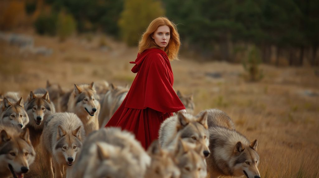 Red-haired woman in vibrant red cloak walking with wolves in golden autumn field wallpaper