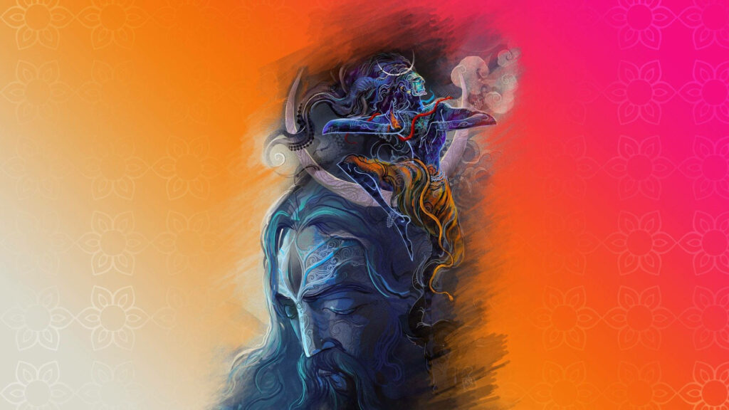 Transcendental Beauty: Lord Shiva Enthroned on a Crescent Moon, Gazed upon by a Mortal – HD Wallpaper