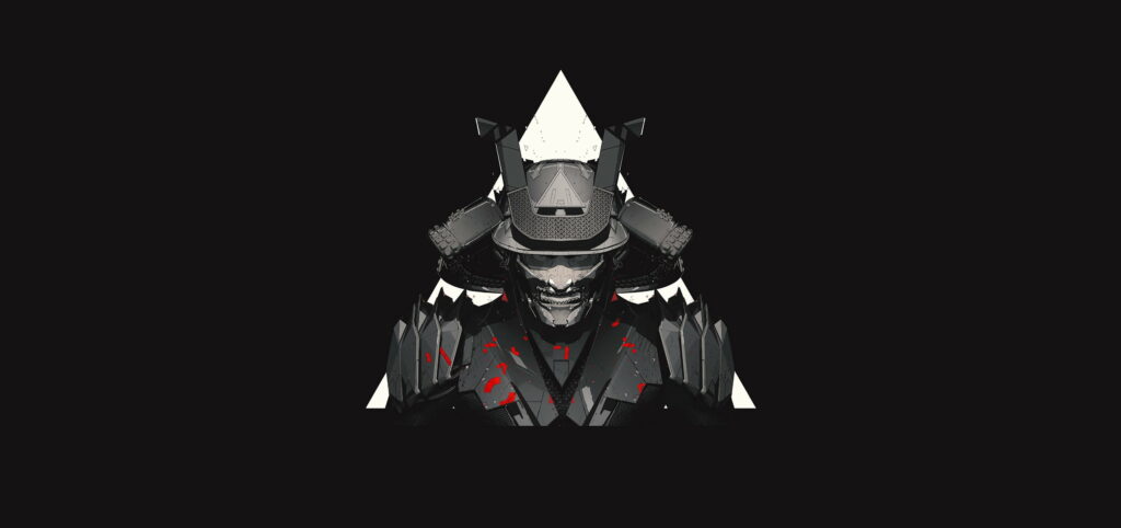 Elegant Darkness: HD Minimal Fantasy Samurai Wallpaper with a Black Background