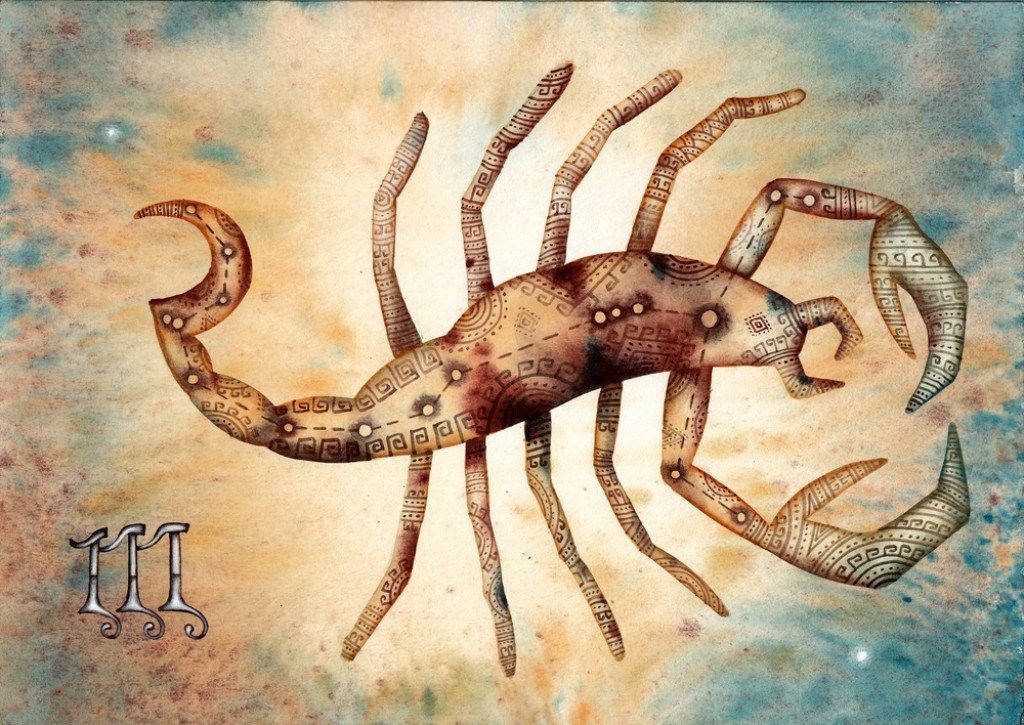 Scorpio wallpaper with intricate tribal scorpion and zodiac symbol on dreamy watercolor background