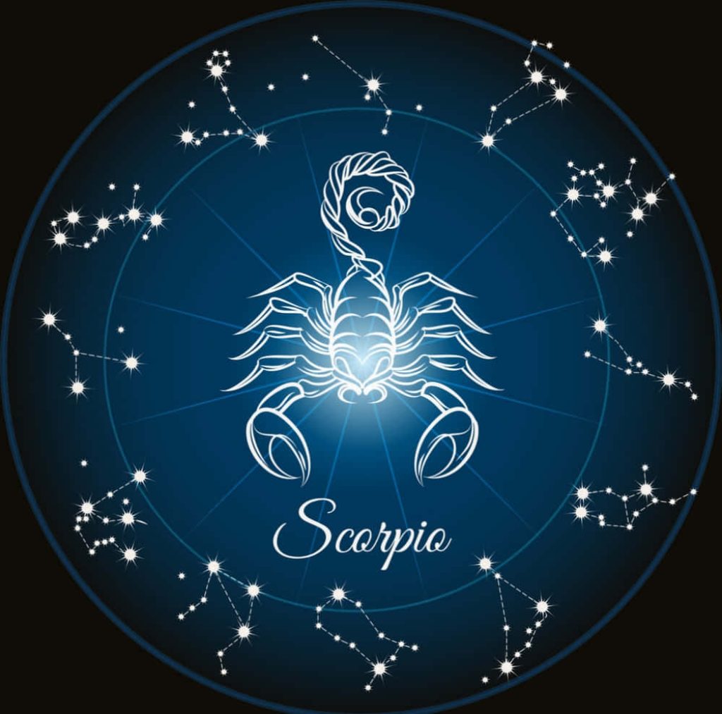 Stylized white Scorpio scorpion on deep blue celestial background with star constellations wallpaper