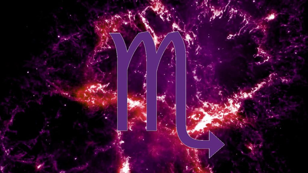 Purple Scorpio symbol on vibrant magenta black nebula galaxy astrology wallpaper background
