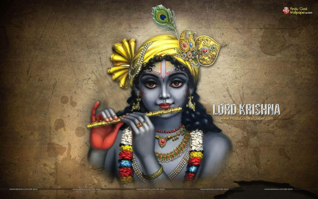 Mystical Melodies: Krishna's Mesmerizing Flute Serenade Across Time-Worn Palms Wallpaper