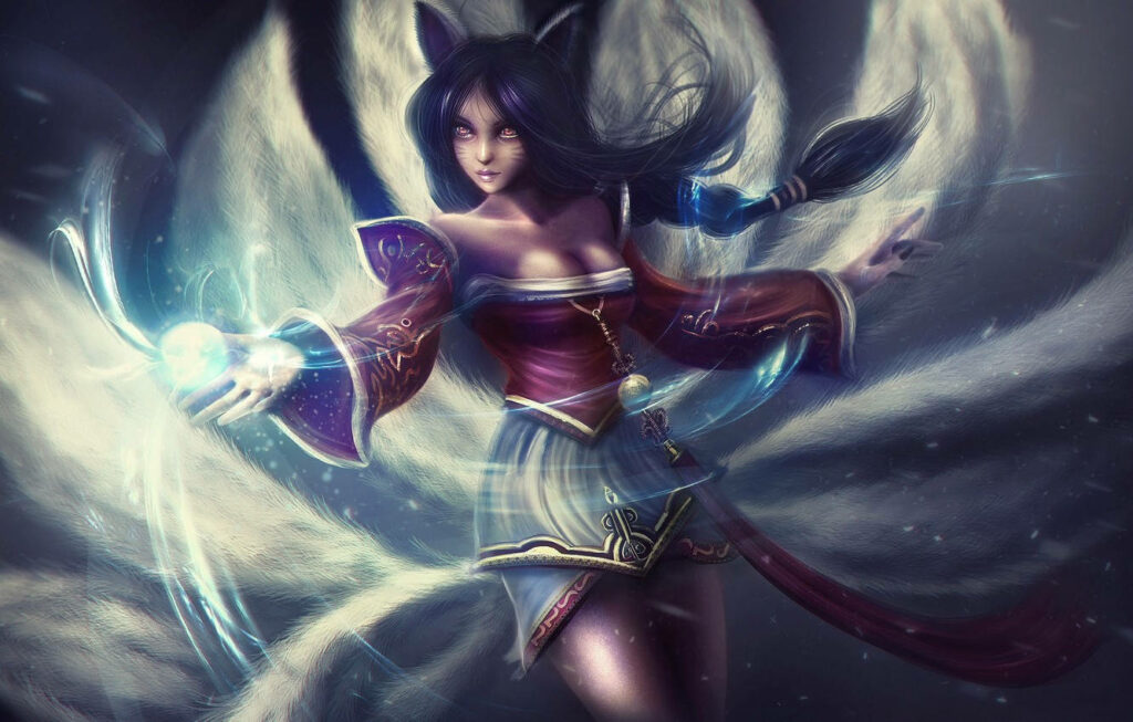Flickering Light Amidst Darkness: Enchanting Ahri Unleashes Her Mystic Powers Wallpaper