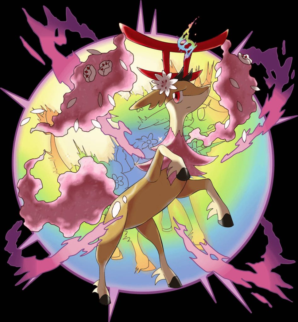 Anime-style Spring Form Deerling with mystical purple energy rings and red torii gate backdrop Wallpaper
