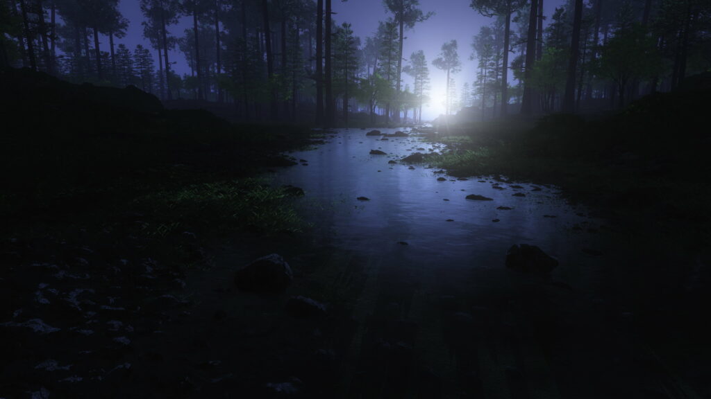 Enchanting Nocturnal Waterfall: Immersive HD Wallpaper of a Pristine Forest Stream