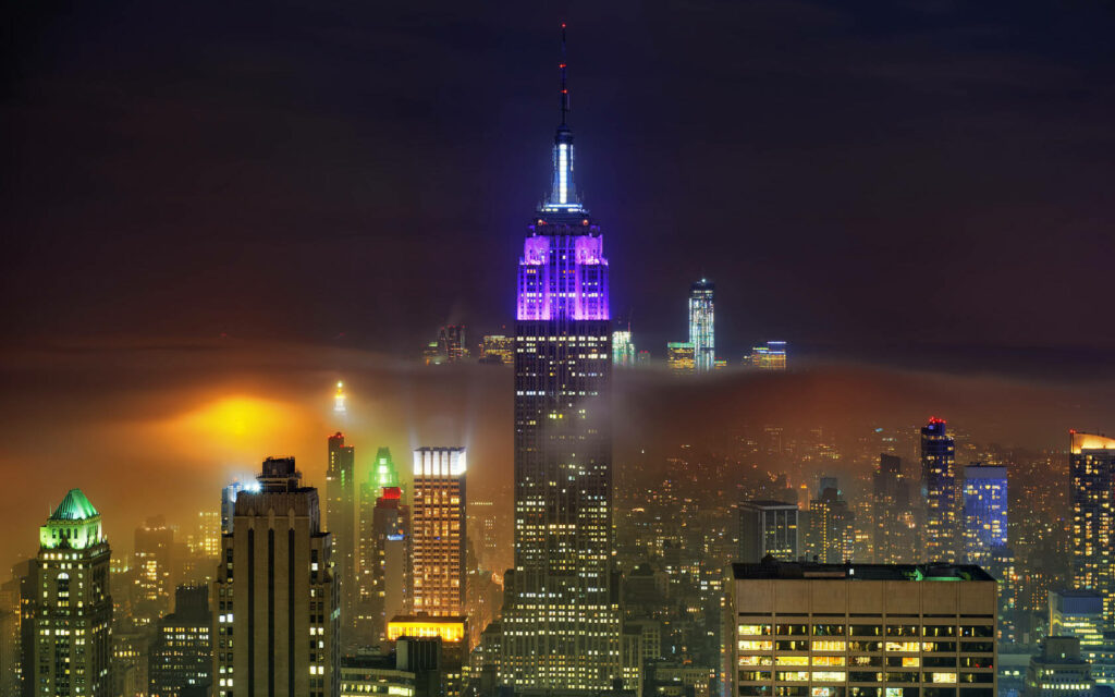 Purple Mist: A Surreal Evening in the Empire State Cityscape Wallpaper