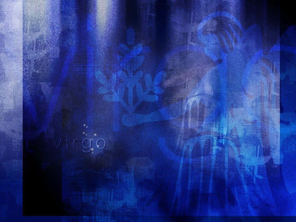Virgo zodiac wallpaper with maiden silhouette holding wheat stalk in blue cosmic digital art