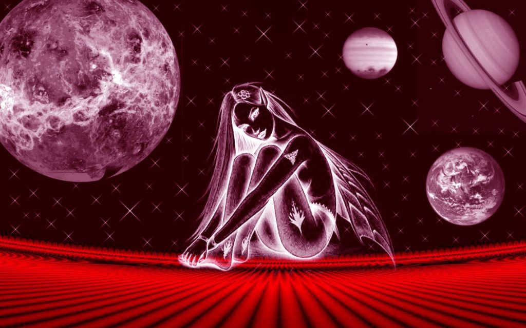 Surreal Virgo zodiac lady winged figure glowing red horizon celestial stars wallpaper background