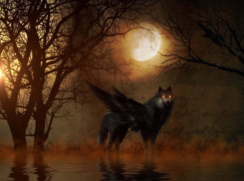 Mystical Winged Wolf Wallpaper: Enchanting Moonlit Landscape