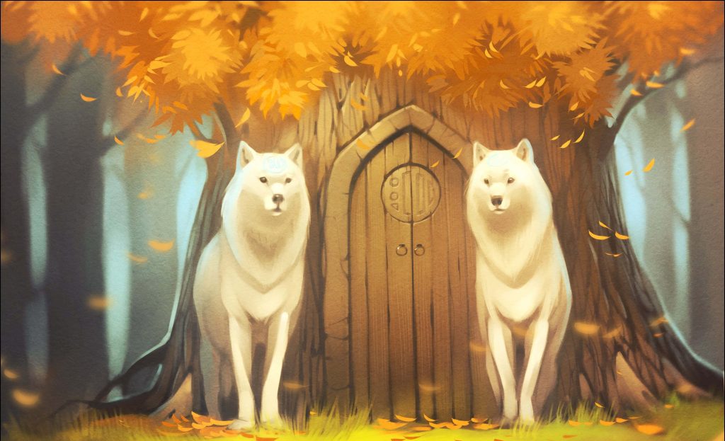 Two majestic white wolves guard a glowing rune door in a golden autumn forest fantasy wallpaper