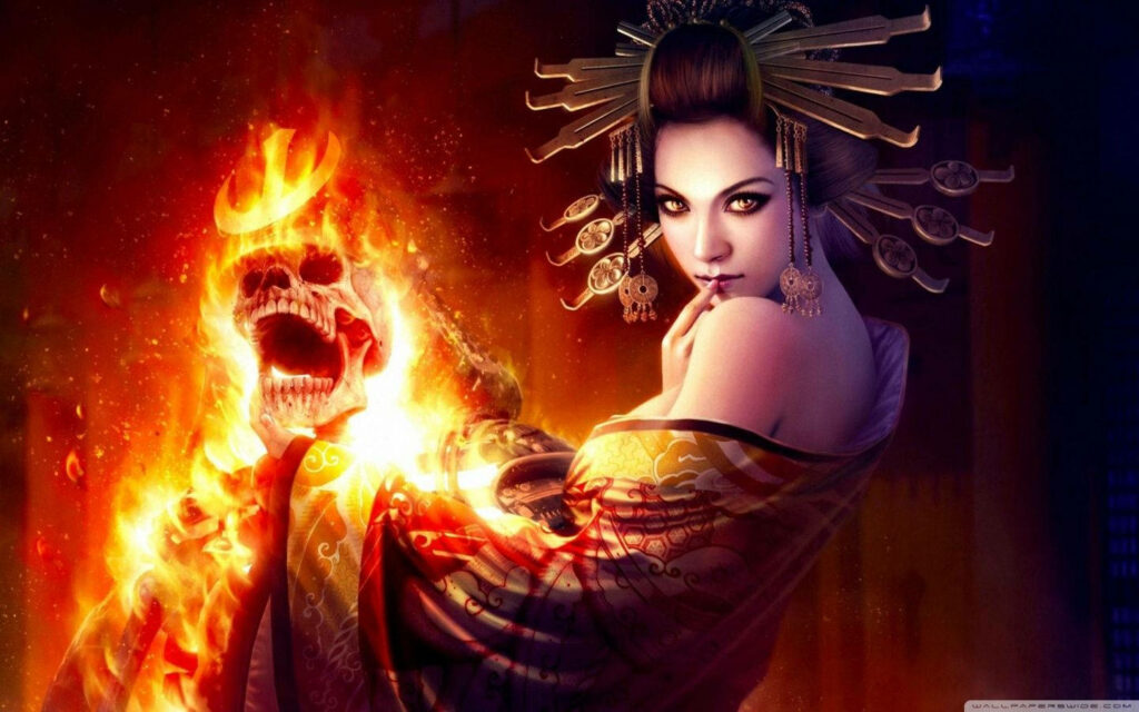Mystical witch in ornate robe conjures blazing fiery skull glowing magic intense fantasy scene Wallpaper