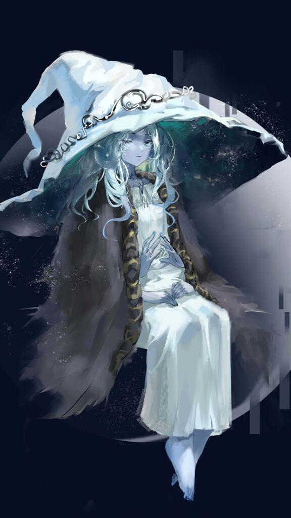Mystical witch in flowing white dress and oversized hat floating in ethereal moonlight wallpaper