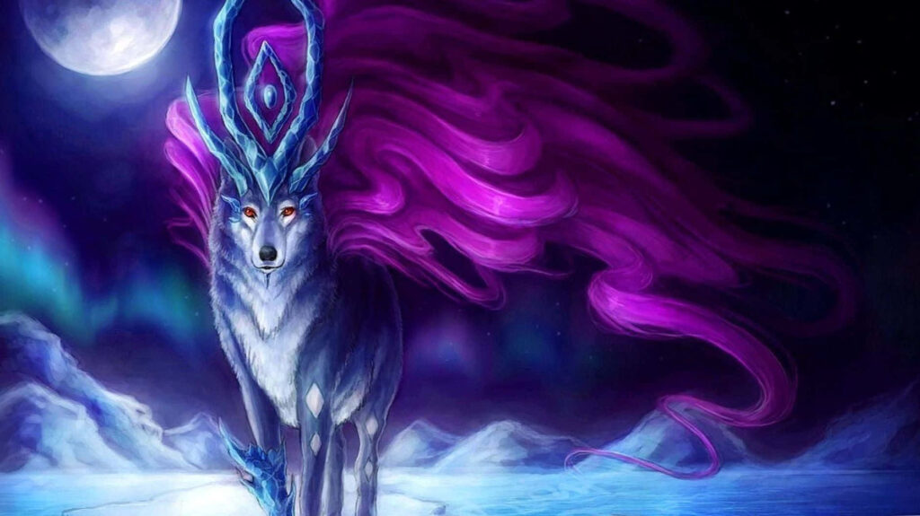 Mesmerizing Anime Wallpaper: Mystical Wolf with Antlers on Red