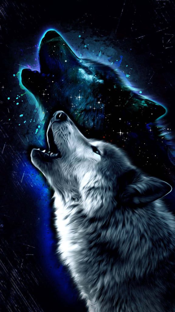 Digital art wallpaper of a howling wolf with cosmic double-exposure neon blue nebula background