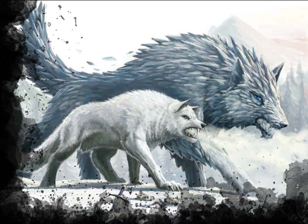 Fierce Wolves in Mystical Snowy Landscape Wallpaper